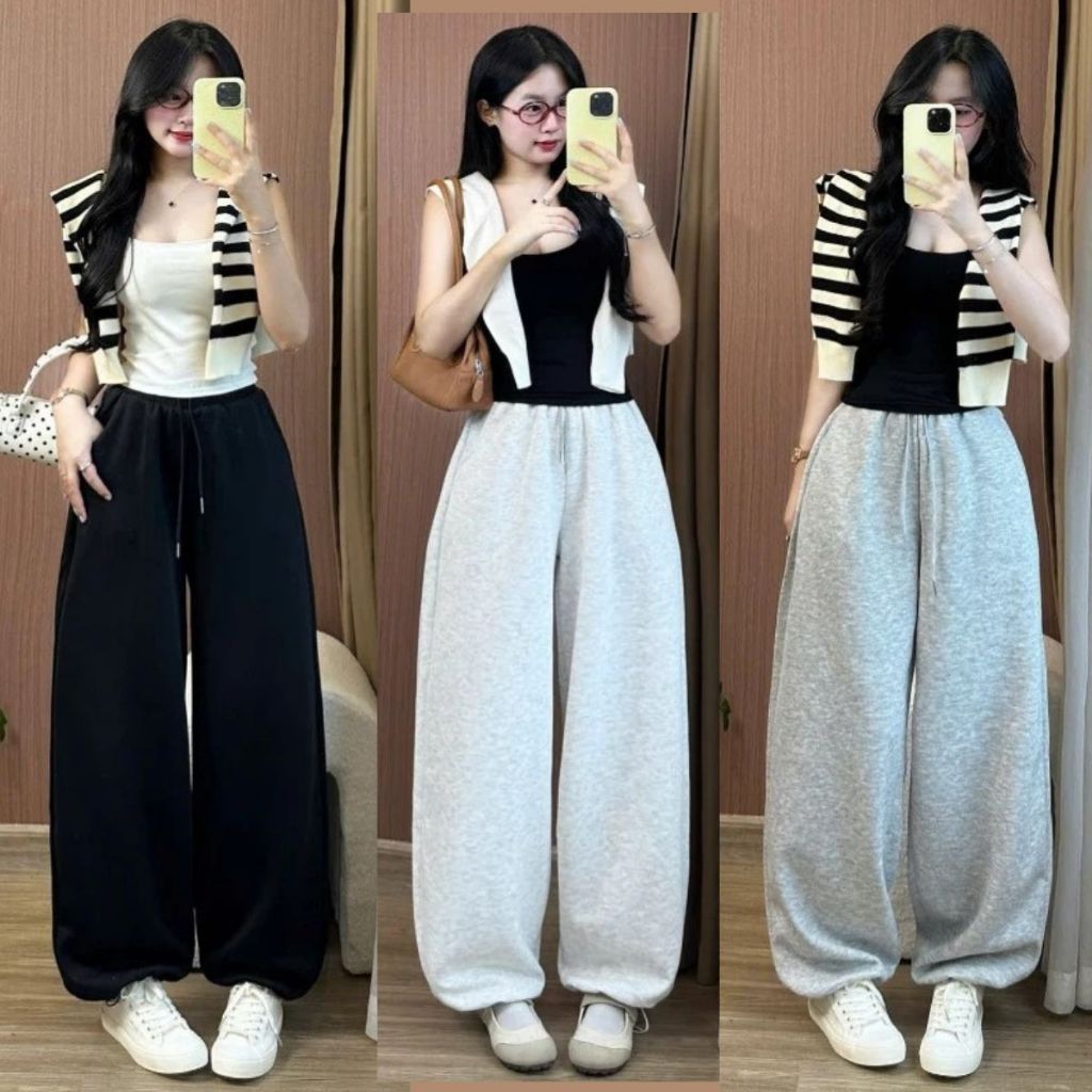 Quần Nỉ NỮ ống rộng MIAA gấu dây rút chất nỉ 2da màu đen xám trắng dáng dài cạp chun unisex bigsize 