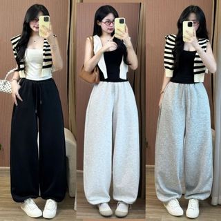  Quần Nỉ NỮ ống rộng MIAA gấu dây rút chất nỉ 2da màu đen xám trắng dáng dài cạp chun unisex bigsize 