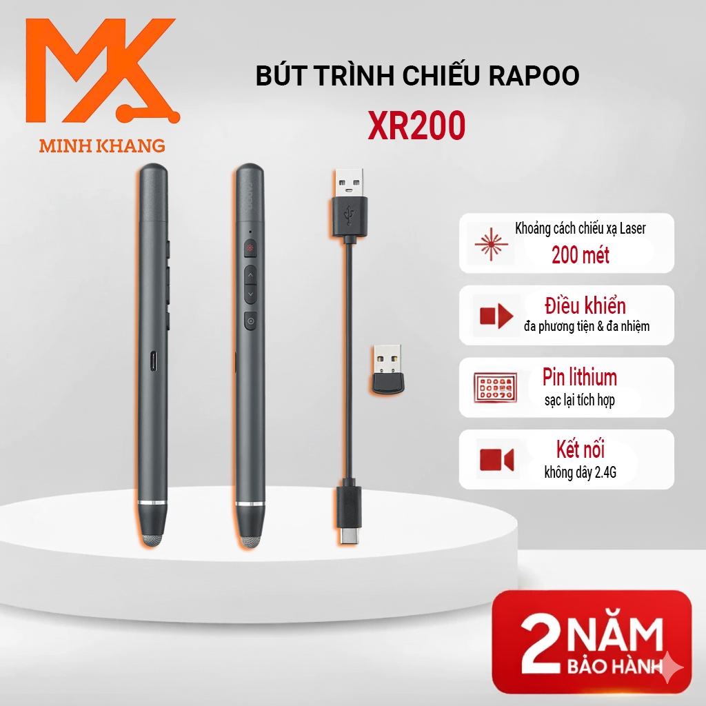 [Rapoo Chính Hãng]Bút Trình Chiếu Laser Không Dây Rapoo XR200 – Kết Nối USB – Hỗ Trợ PowerPoint – Th