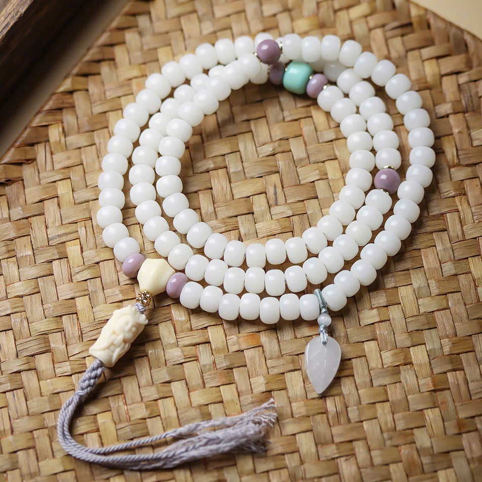 Chuỗi 108 hạt Bạch Ngọc Bồ Đề charm Phật Mẫu| Bồ Đề Charm| Chuỗi 108 hạt Bồ Đề trắng 11x12mm