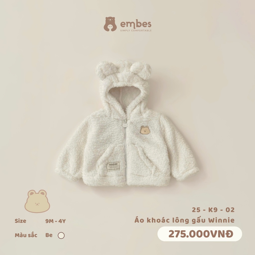 Áo Khoác Cho Bé Embes, Áo Khoác Lông Tai Gấu Có Lớp Lông Dày Dặn Ấm Áp Mặc Thu Đông Cho Bé Từ 8-18kg