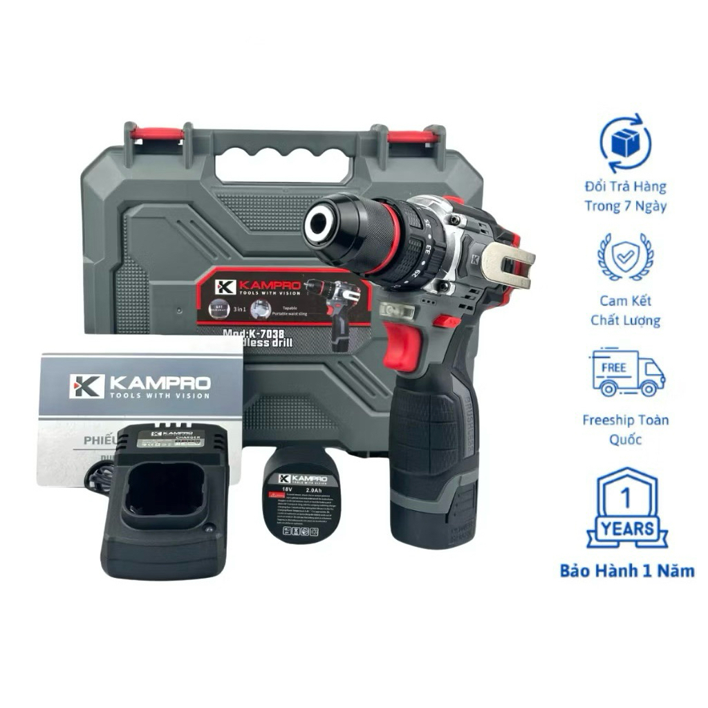 Máy Khoan Pin Kampro K-7038, 3 Chức Năng, Đầu Kẹp Autolock, Động Cơ Không Chổi Than