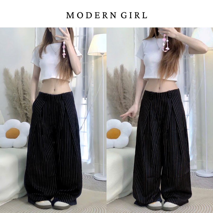 Quần Kẻ Sọc Cạp Trễ Ống Rộng Basic Modern Girl Phong Cách Hàn Quốc