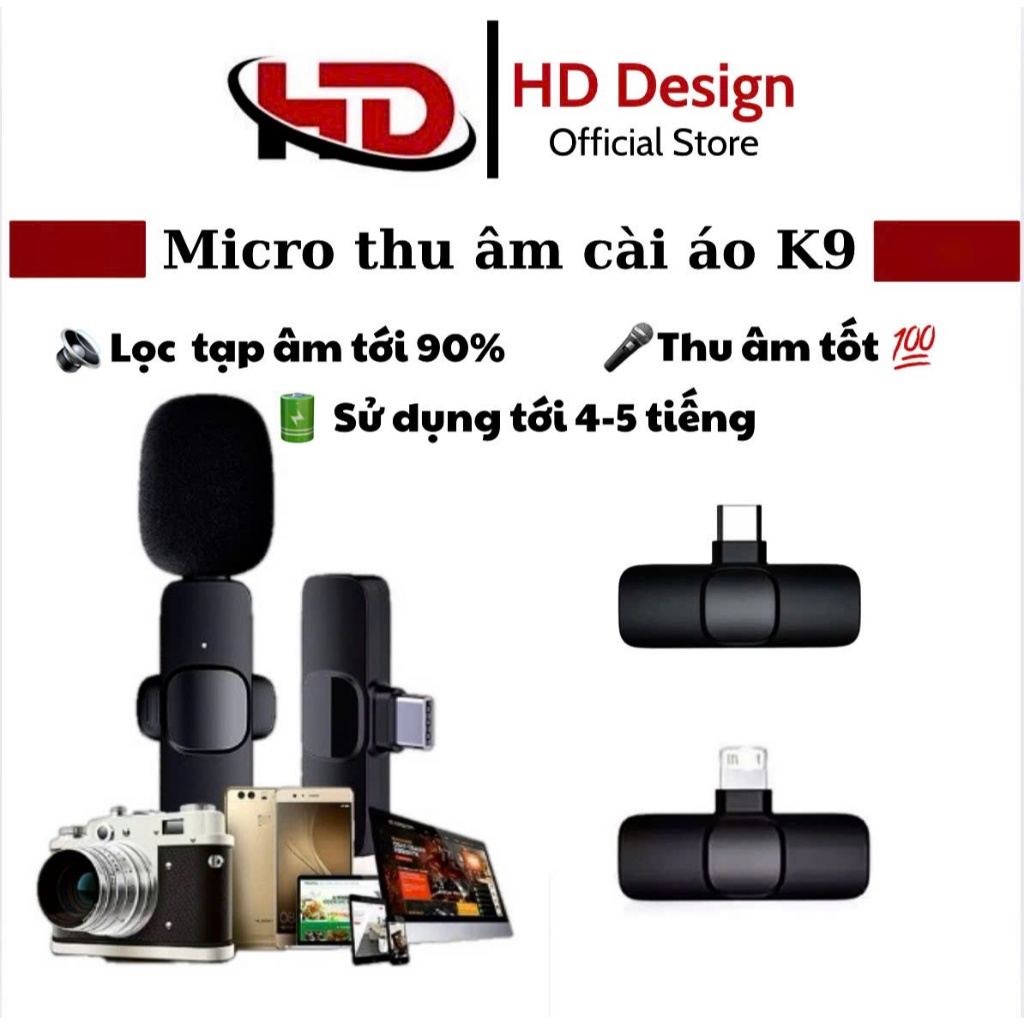 Micro thu âm không dây cài áo  K9, - Khử Tiếng Ồn Cao Cấp - Khoảng Cách 20m - Chính Hãng HD DESIGN