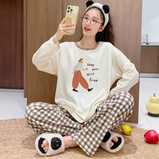  Set đồ bộ dài nữ mặc nhà MENINA đồ bộ áo thun dài tay  quần caro suông lưng thun thời trang. 