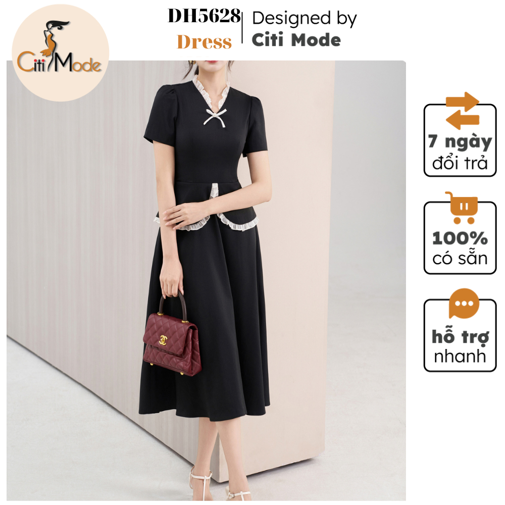 Đầm công sở CITI MODE FASHION thiết kế Đầm xòe peplum đen cổ nơ nhún DH5628