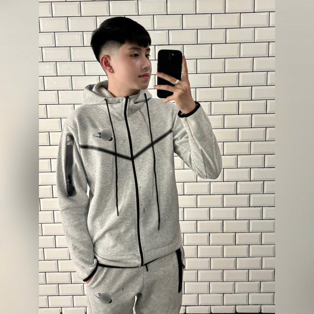 Bộ thể thao Thu Đông Tech chất liệu nỉ 2 da cao cấp giữ nhiệt tốt, không bức bí - Bộ Hoodie Zip Nam Nữ Thêu Logo