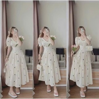 *Đầm nữ thời trang mặc đi chơi chất lụa 2 lớp cổ V tay ngắn in hoa váy xoè xinh xắn