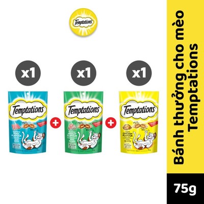 Bộ 3 túi bánh thưởng cho mèo Temptations: vị cá ngừ, hải sản và gà 75g/túi