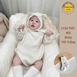 (HÀNG CÓ SẴN) Bodysuit Thỏ kèm mũ tặng kèm tất Trắng cover Hàn Quốc cho bé gái từ 4-14kg, body, vải mềm mại cao cấp