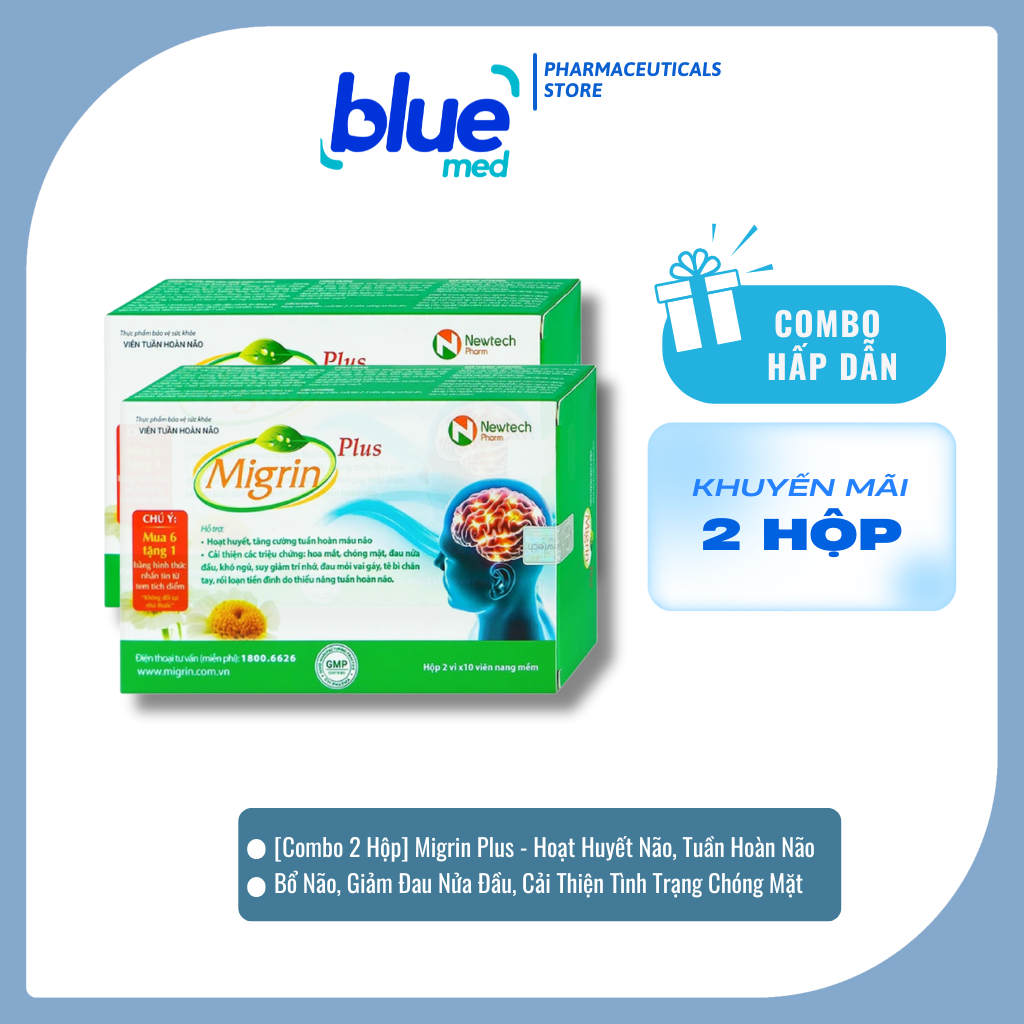 [Combo 2 Hộp] Migrin Plus - Hoạt Huyết, Bổ Não, Tăng Tuần Hoàn Não, Giảm Đau Nửa Đầu (20 Viên)