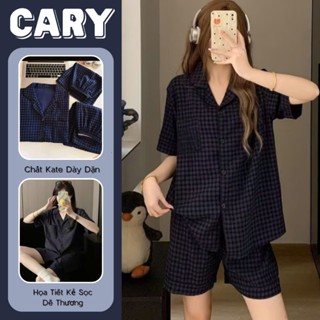  Bộ đồ ngủ set pijama mặc ở nhà nữ họa tiết sọc caro form rộng tay ngắn quần đùi mùa hè CARY 