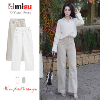  Quần Jean Nữ Ống Suông Rộng Màu Trắng LIMISU Phối Viên Túi Nổi Cạp Cao Hack Dáng Chất Jean Dày Dặn 