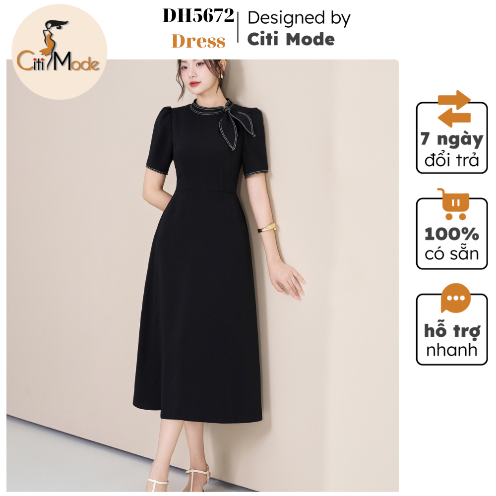 Đầm công sở CITI MODE FASHION thiết kế Đầm xòe đen tay cộc nơ cổ DH5672