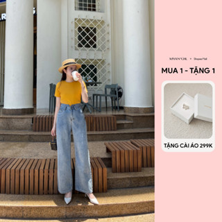Quần Jeans Dáng Suông MYAN DESIGN Lưng Cao Ống Rộng Bạc Gối Màu Xanh QFY250307 Q042410