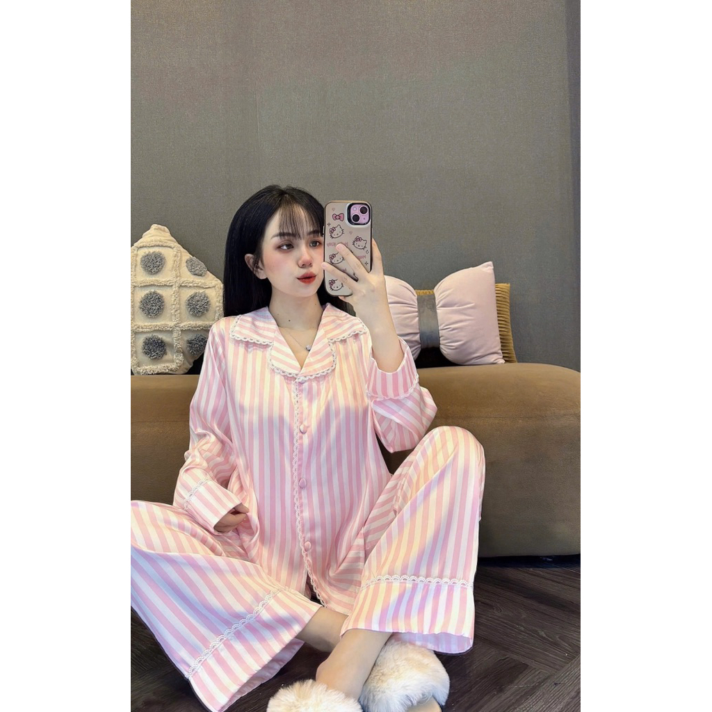  HL84  40-105kg  PIJAMA TDQD CỔ NHỌN PHỐI REN - Không Kèm Cột Tóc 