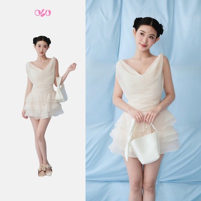 Đầm OLV cổ đổ chiết eo thanh lịch Ivory Chiffon Cowl Ruffled Mini Dress phù hợp đi tiệc đi chơi