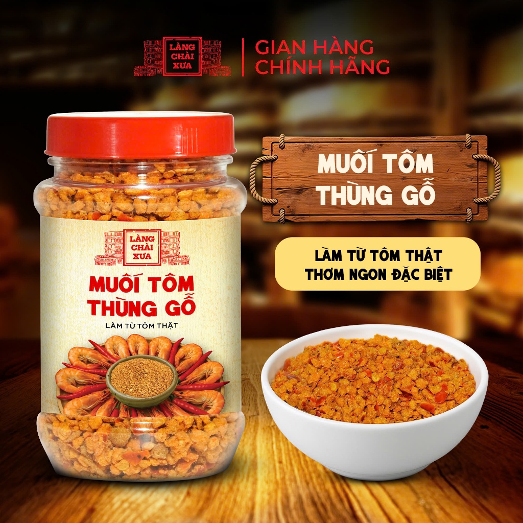 Muối tôm thùng gỗ Làng Chài Xưa (hủ 130g) làm từ tôm thật mang hương vị đặc trưng đậm đà, thơm ngon