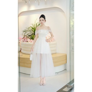  ĐẦM DẠ HỘI TRẮNG 2 Dây Phối Tùng Voan Dài - Váy Ren Ôm Eo Đính Đá Vai |D80 