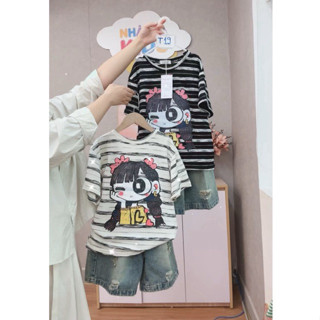  Bộ quần áo bé gái áo thun kẻ sọc quần short jean T19 Nhật Hà Kids size đại từ 20-55kg phom dáng thoải mái phong cách. 