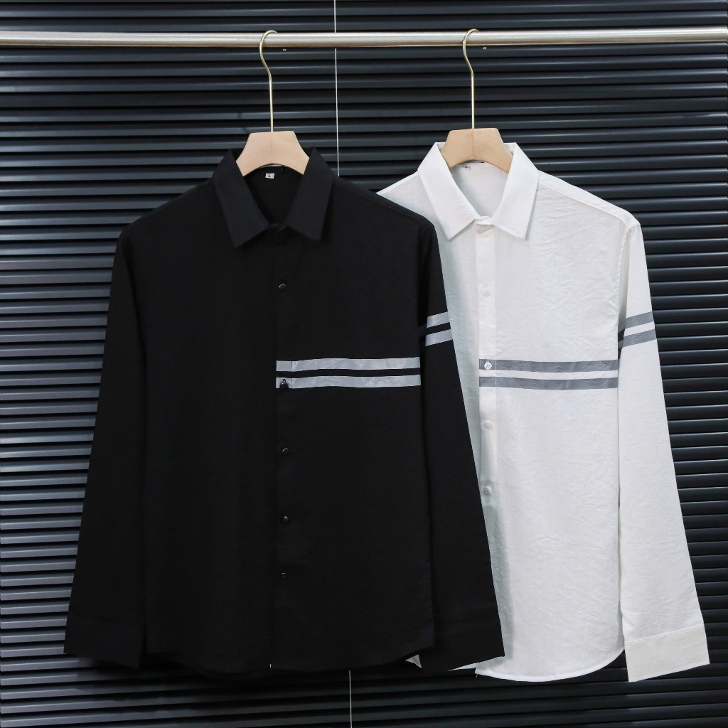 ÁO SƠ MI NAM TRẮNG ĐEN ,HỌA TIẾT VIỀN 2 SỌC NGAN THÂN CHẤT VÃI MANGO COTTON DÀY DẶN FROM DÁNG HÀN