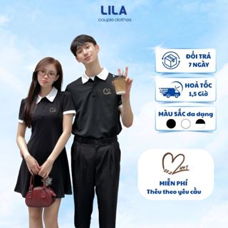 Set đồ đôi áo polo nam & váy có cổ nữ thêu moni theo yêu cầu làm quà tặng - đồ cặp đôi thiết kế LiLa vải cotton co dãn