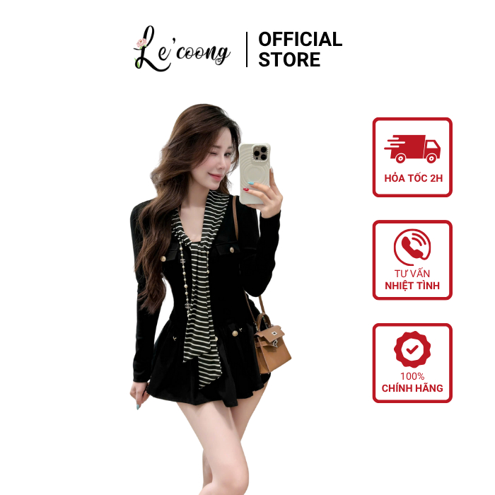 Váy Tiểu Thư Dáng Ngắn Bí Phồng  LECOONG V819 Đầm Đẹp Tay Dài Phối Nơ Sang Chảnh