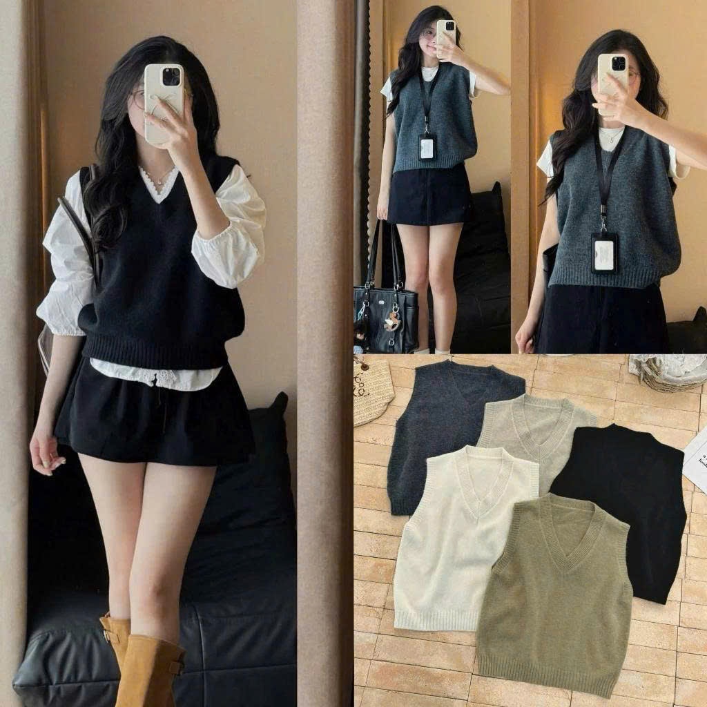 Áo gile len nữ lông thỏ cổ V form vừa - 247store