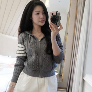  Áo khoác len cardigan mũ thom nữ tay viền khoá kéo chất len thu đông hàng QC 