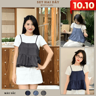 Set Áo Hai Dây Babydoll Dáng Xòe Cách Điệu Kèm Áo Thun Dáng Croptop Chất Jean Mềm Mát, Set áo jean - Ceci.studio - A551