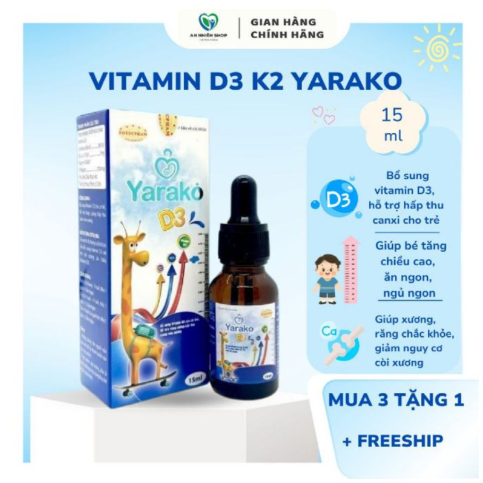 Vitamin D3 k2 YARAKO hỗ trợ hấp thụ canxi cho trẻ, giúp bé tăng chiều cao, phát triển trí não