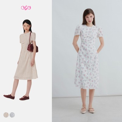 Đầm OLV kiểu cotton hoa cổ tròn chiết eo dáng midi Seira nhiều màu thanh lịch nữ tính