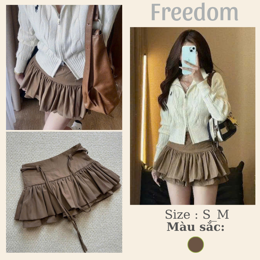 Chân Váy Kaki Nữ 2 Tầng Màu Nâu Vintage siêu xinh kèm dây Freedom Cvkaki4447