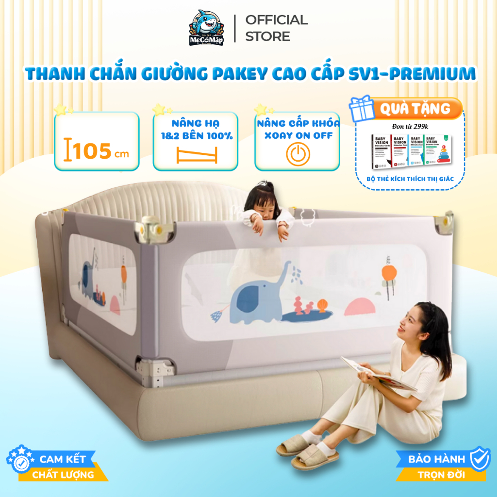 Thanh Chắn Giường Pakey Cao Cấp SV1 PREMIUM, Thanh Chắn Giường Nâng Hạ 1 Bên Dễ Dàng, Cao 105cm, Có 