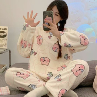  Bộ ngủ siêu ấm bông nỉ ulzzang xin xắn thời trang set quần áo lông dài tay mặc nhà thu đông dễ thương bigsize co giãn 
