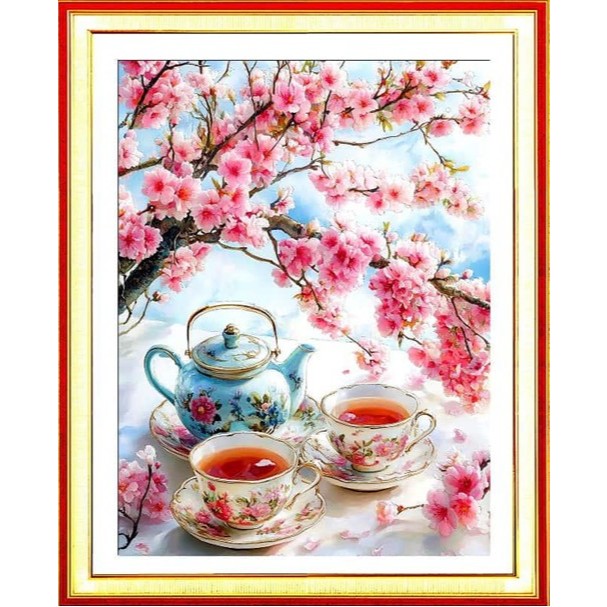 VS8808 (50 x67)cm tranh thêu chữ thập phong cảnh hoa đào chưa thêu