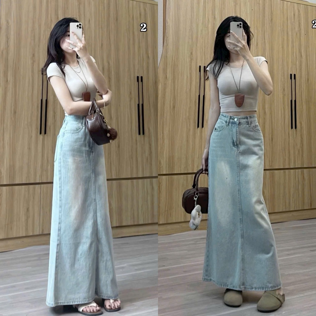 [BẢN ĐẸP]  Chân váy Jean suông đuôi cá dáng Dài 86cm / 93cm  siêu hack dáng #7915 [AN TÂY STORE68] N