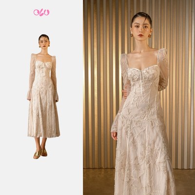 Đầm OLV dài cổ vuông cúp ngực voan ren hoa sang trọng nữ tính Valerie phù hợp đi tiệc