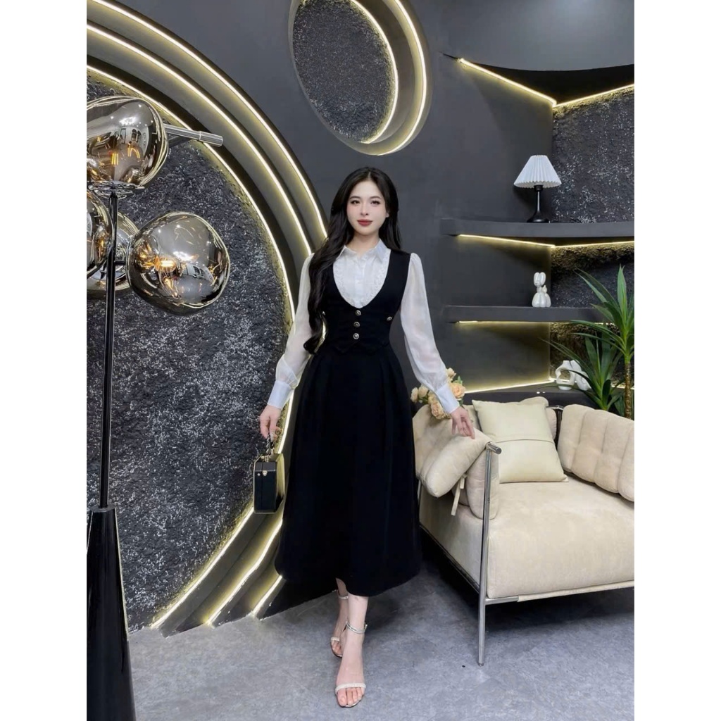 đầm hera thiết kế liền thân cổ đức phối bèo trước ngực dáng dài, chất liệu tuyết mưa 4 mùa, đi làm đ