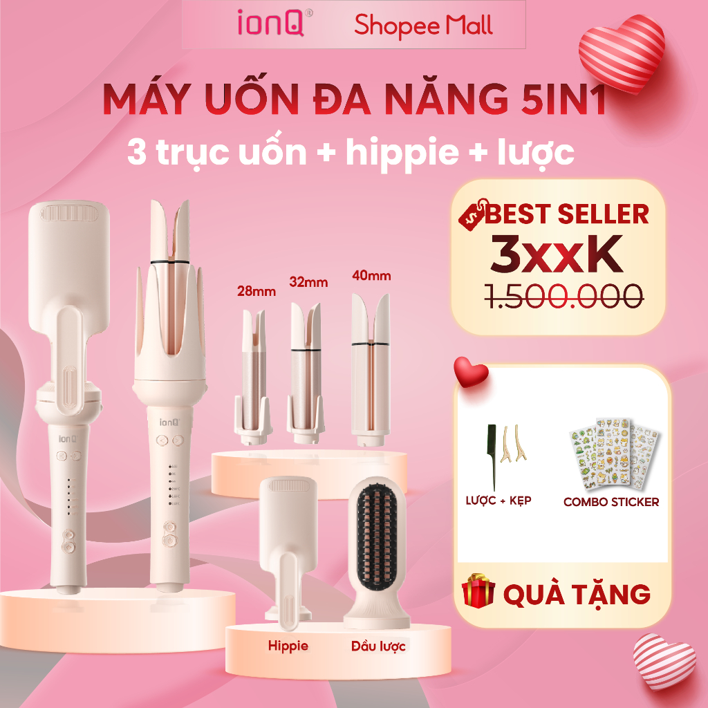 Máy uốn tóc làm xoăn tự động 5in1 ionQ Wavy Pro 3 đầu uốn 40mm, 32mm, 28mm 1 đầu uốn hippie và 1 đầu lược thẳng