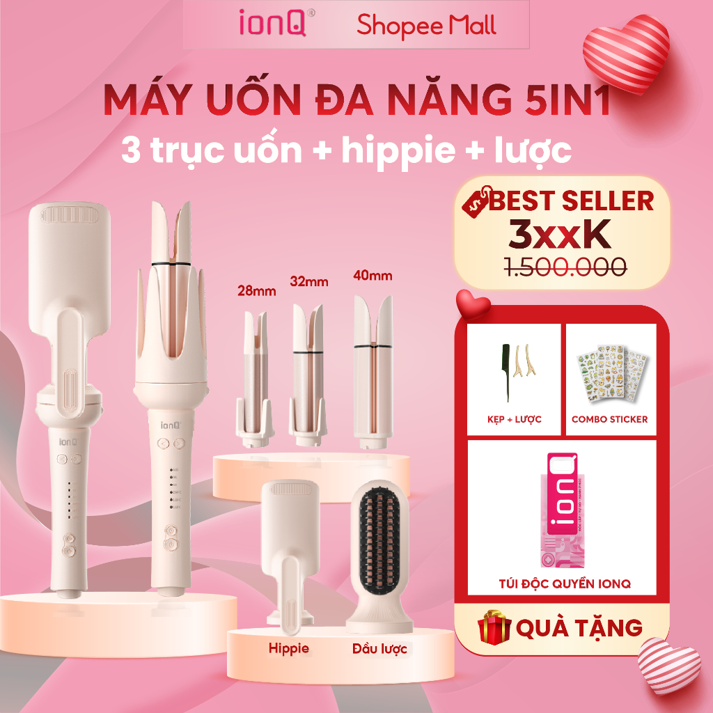 [TẶNG TÚI ĐỘC QUYỀN] Máy uốn tóc làm xoăn tự động 5in1 ionQ Wavy Pro 3 đầu uốn 40mm, 32mm, 28mm 1 đầu hippie 1 đầu lược