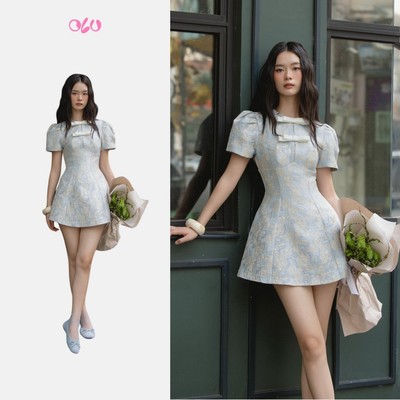 Đầm OLV chữ A đứng form tay phồng cổ nơ dễ thương ngọt ngào Vanessa nhiều màu phù hợp đi làm đi chơi