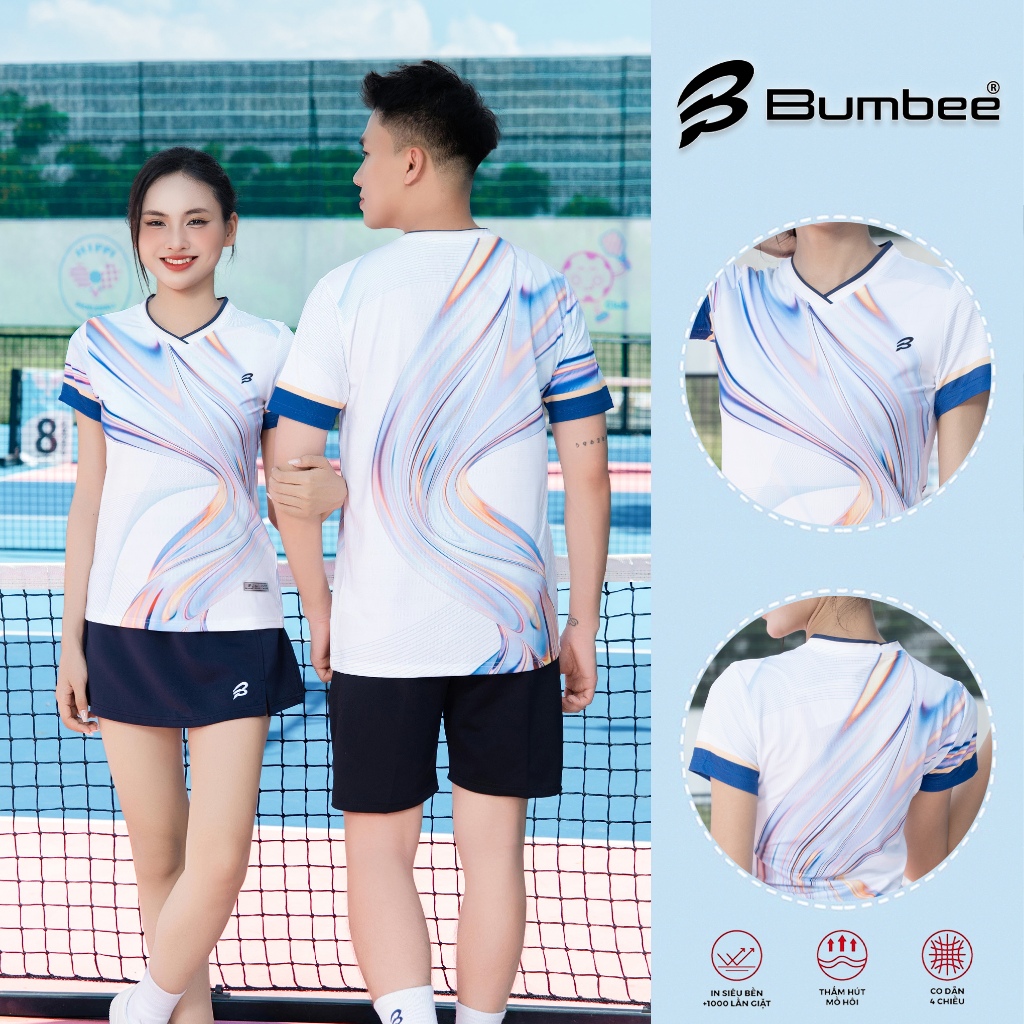 Áo Cầu Lông Bumbee Màu Trắng Xanh – Co Giãn 4 Chiều, Thoáng Mát, Chơi Cầu Lông, Pickleball (618 xanh