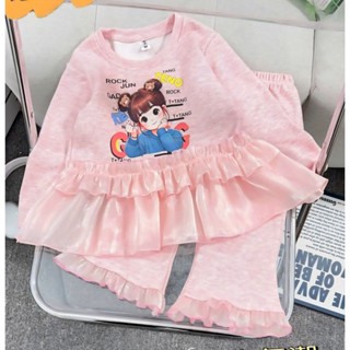 Set bộ lông thỏ bé gái thêu gấu phối bèo nhún quần ống loe 8-24kg