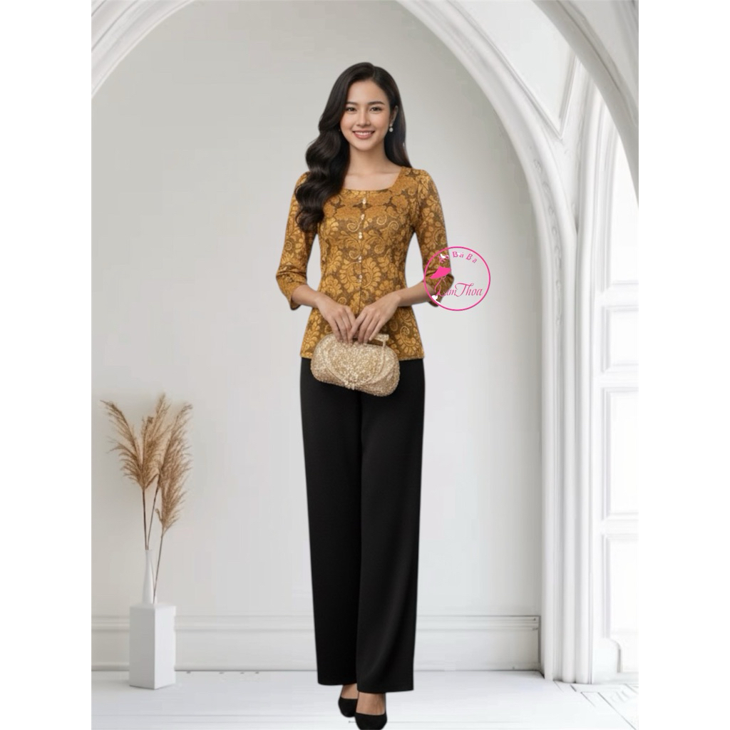 Áo Bà Ba Thun Giả Gấm Nữ Cổ Vuông Tay Phồng – Co Giãn,Che Bụng Tốt,Size 40–70kg-áo không kèm quần