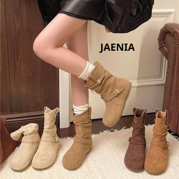 Giày bốt nữ nâu đen kem bệt 2 cm da lộn cao cấp phong cách đơn giản cá tính Hàn Quốc Vintage GD072