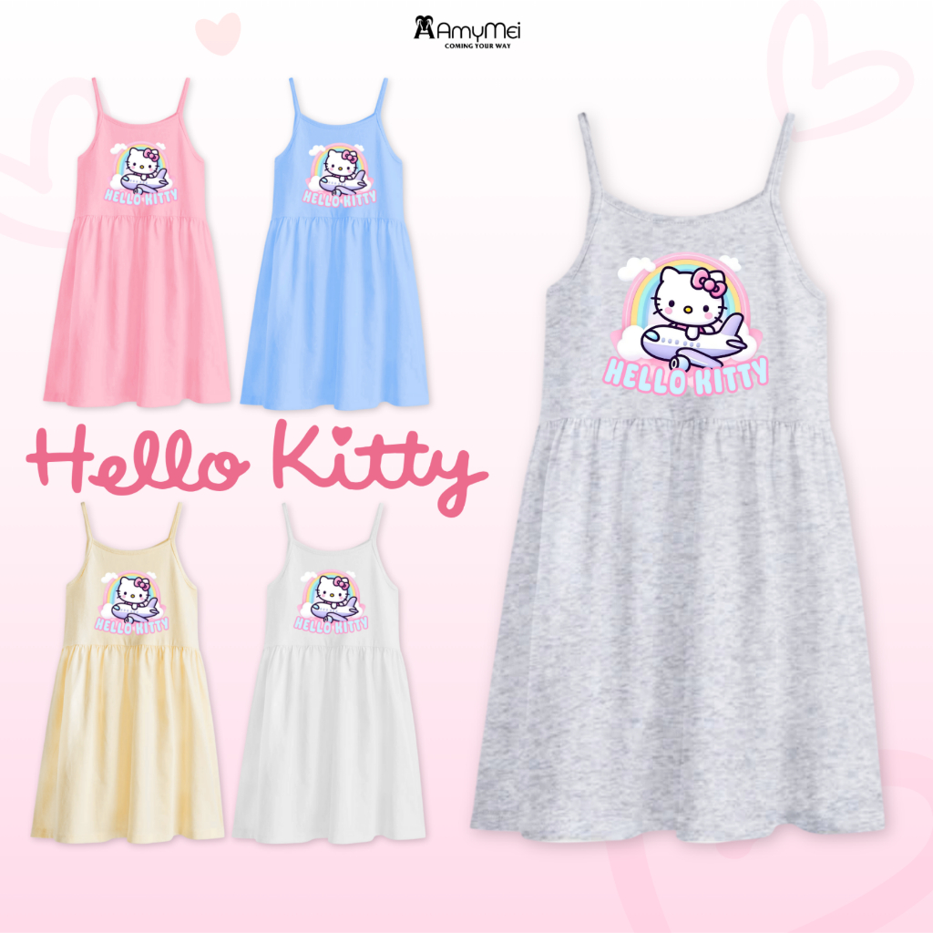 Đầm 2 dây bé gái Kitty Amymei, đầm thun cotton nhật thoáng mát. Cho bé 14-50kg DAMDAY_KT5