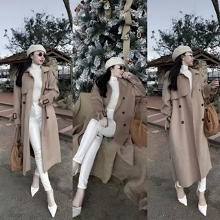  Áo Khoác Dáng Dài Nữ Vải Dạ Ép Dày Dặn Kèm Đai Thắt Eo Phong Cách Hàn Quốc 