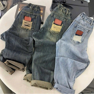 TIENSTYLE Quần Jean Baggy Nữ Rách Gối Túi Sau Cào Gắn Mạc Da Lưng Thun Chun Giãn (Bigsize S-4XL)