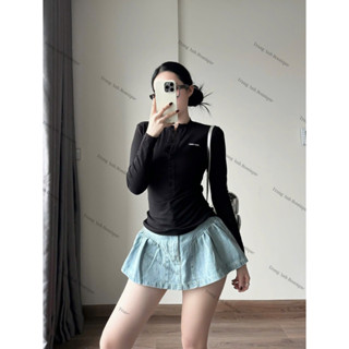 Set áo thun dài tay đen phối chân váy jean ngắn xoè lót quần HT511 kèm hình thật sp 